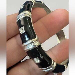 Vintage Bangle Bracelet Black Enamel Rhinestones Bamboo Style 7.8” Hinged Classy